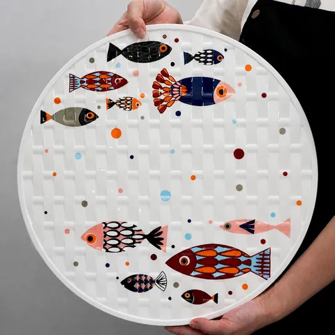 Assiette à Raviolis Ronde en Mélamine Assiette Dîner Incassable Plateau suspendu Motif Poisson Floral Vaisselle de Cuisine
