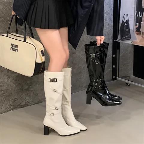 Damen Mode Hoher Absatz Kniehoch Ritterstiefel Spitze Zehe Klobiger Absatz Gürtelschnalle Langstiefel Winter Herbst Schuhe