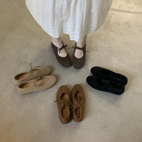 Women's Flat Shoes Genuine Leather Suede Ballet Flats Bow Lace Up Mary Jane Casual Versatile Comfortable Footwear