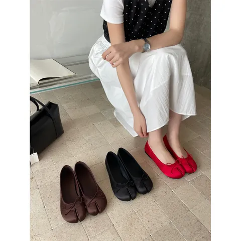 Women Satin Split Toe Flat Shoes Bowknot Casual Daily Shallow Shoes Elegant Fashion Walking Footwear