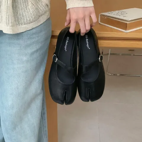 Chaussures Plates à Bout Fendu Vintage Français pour Femmes Semelle Souple Mary Jane Décolleté Casual Chaussures de Marche Élégantes