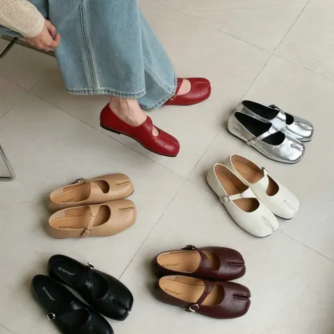 Chaussures Plates à Bout Fendu Vintage Français pour Femmes Semelle Souple Mary Jane Décolleté Casual Chaussures de Marche Élégantes
