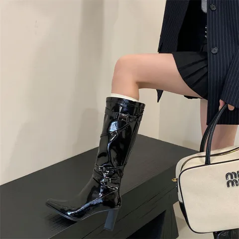 Damen Mode Hoher Absatz Kniehoch Ritterstiefel Spitze Zehe Klobiger Absatz Gürtelschnalle Langstiefel Winter Herbst Schuhe