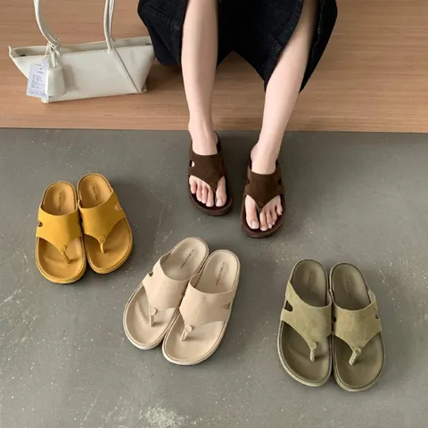 Women's Thick Platform Thong Sandals Microfiber Frosted Casual Beach Flip Flops Comfortable Non-Slip Summer Slippers