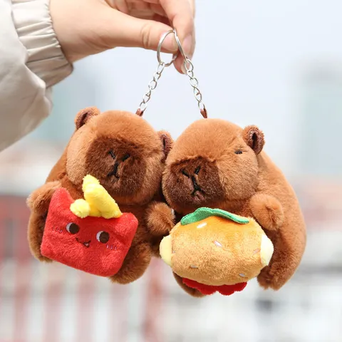 Cute Capybara Plush Toy Keychain Soft Stuffed Animal Doll With Miniature Burger Fries Fast Food Pendant Bag Charm Gift
