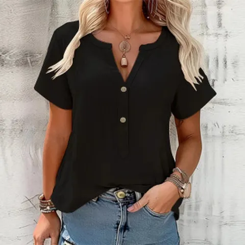 Femme Été Décontracté Col en V Manches Courtes Chemisier Chemise Coupe Ample Polyester Spandex Patchwork Haut Mode