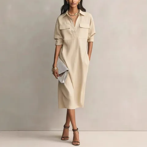 Robe Longue Femme Manches Longues Revers Boutonnée Simple Coupe Droite Décontractée Élégante