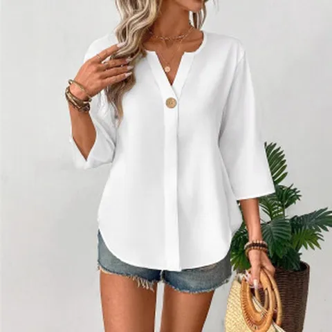 Chemisier Décontracté Ample Couleur Unie Col V Manches Trois-Quarts Boutons Été Mode Polyester Élégant Chemise
