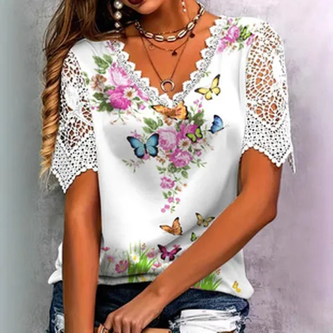 T-Shirt Décontracté Col en V Manches Courtes pour Femmes Couture en Dentelle Imprimé Floral Papillon Top Élégant d'Été