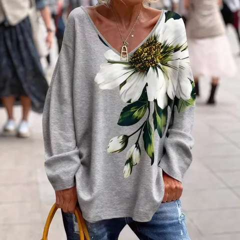 T-Shirt Décontracté à Manches Longues et Col V pour Femmes Coupe Ample Imprimé Floral Top Pull Mode Automne Polyester