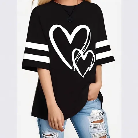 T-Shirt Décontracté Grande Taille Ample à Manches Courtes pour Femmes Été Haut Basique Col Rond Avec Imprimé Cœur et Poignet Rayé