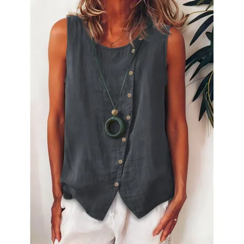 Femme Décontracté Sans Manches Bouton Blouse Ample Côté Simple Poitrine Débardeur Couleur Unie Basique Été Chemise