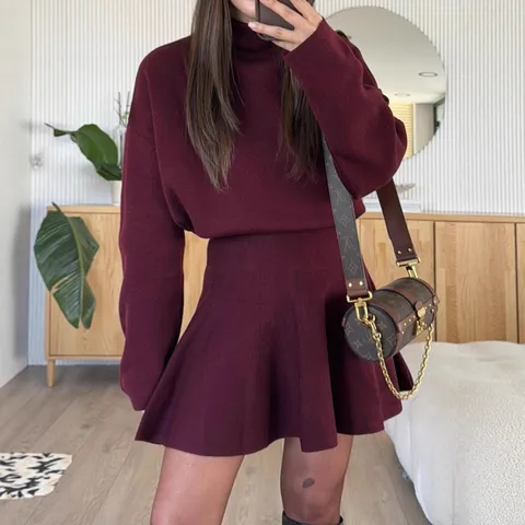 Women Casual Long Sleeve Knit Sweater And Mini Skirt Set Autumn Winter Solid Color Outfit Chic Commuting Suit