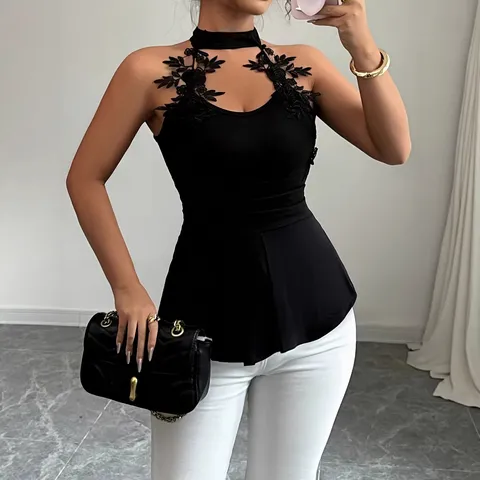 Women's Slim Hollow Out Lace Halter Neck Waist Peplum Sleeveless Top Casual Elegant Summer T-Shirt
