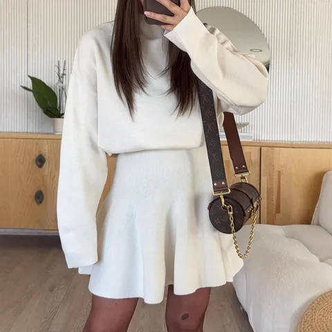 Women Casual Long Sleeve Knit Sweater And Mini Skirt Set Autumn Winter Solid Color Outfit Chic Commuting Suit