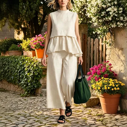 Ensemble Deux Pièces Femme Mode Été Sans Manches Volants Haut et Pantalon Large Casual Élégant Couleur Unie
