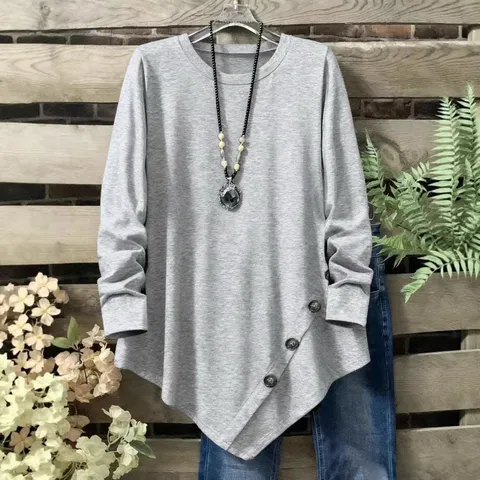 T-Shirt Décontracté en Polyester pour Femmes Manches Longues Col Rond Couleur Unie Ourlet Irrégulier Avec Bouton Latéral Top Quotidien de Bureau