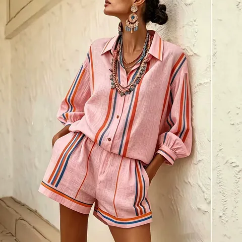 Femme Décontracté Chic Manches Trois-Quarts Boule Revers Chemise Et Short Ensemble Polyester Rayé Haut Et Bas Mode Tenue