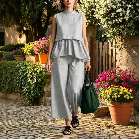 Ensemble Deux Pièces Femme Mode Été Sans Manches Volants Haut et Pantalon Large Casual Élégant Couleur Unie