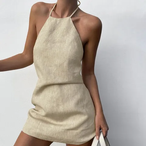 Robe Mini Trapèze Femme Sexy Dos Nu Halter Coton Lin Été Casual Lacets Robe de Plage Vacances