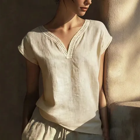 Chemisier Décontracté en Coton Lin pour Femmes Vintage Dentelle Col V Manches Courtes Couleur Unie Été Coupe Régulière Élégant Haut