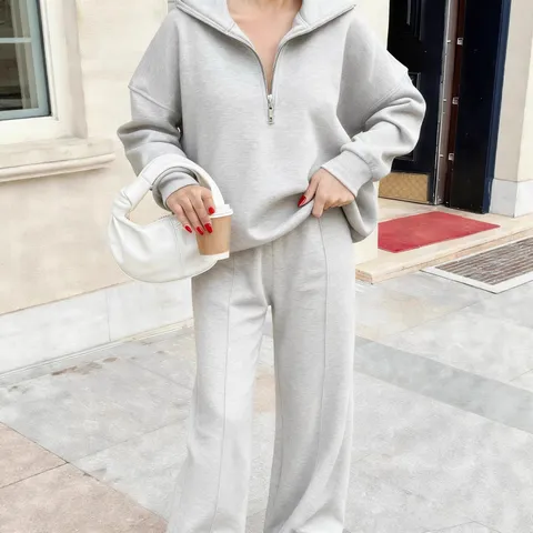Ensemble Sweat-shirt Décontracté à Demi-Fermeture Éclair et Pantalon Long pour Femme Haut à Capuche et Pantalon Ample à Manches Longues