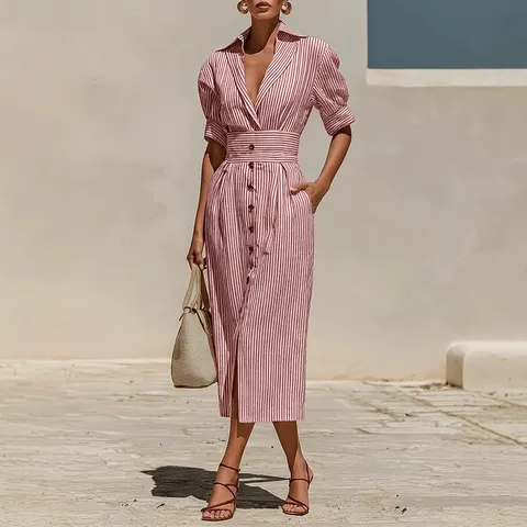 Femme Casual Élégant Rayé Col V Manches Courtes Boutonné Robe Mode Commutage Slim Fit Polyester Robe Longue