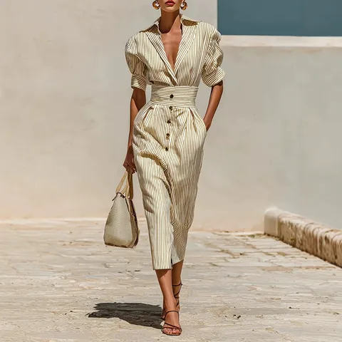 Femme Casual Élégant Rayé Col V Manches Courtes Boutonné Robe Mode Commutage Slim Fit Polyester Robe Longue