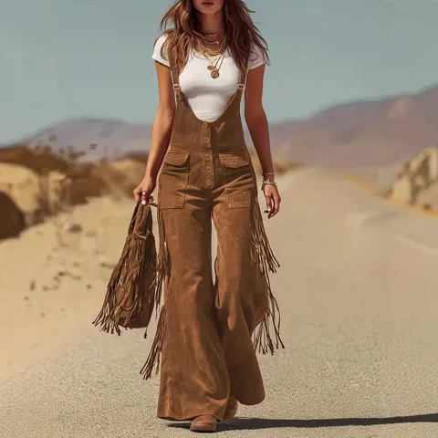 Women Retro Western Vintage Faux Suede Tassel Overalls Straight Leg Casual Loose High Waist Long Pants With Pockets