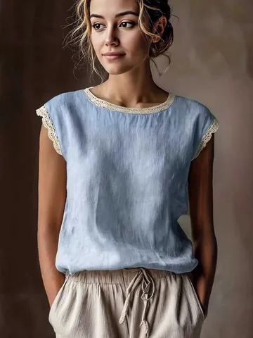 Chemisier en Lin Sans Manches Patchwork Dentelle Col Rond Unie Ample Vintage pour Femme Haut d'Été Décontracté