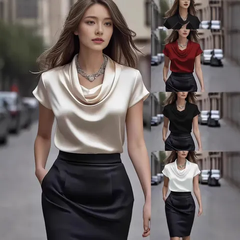 Blouse Élégante en Satin Français pour Femmes Couleur Unie Col Drapé Manches Courtes Top de Bureau Décontracté Mode