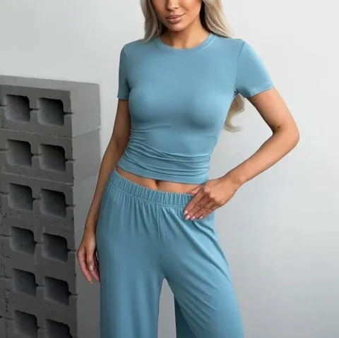 T-Shirt Tricoté Manches Courtes Décontracté pour Femmes Et Pantalon Long Top And Bottom Couleur Unie Été Commuter Chic Outfit