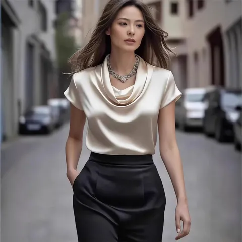 Blouse Élégante en Satin Français pour Femmes Couleur Unie Col Drapé Manches Courtes Top de Bureau Décontracté Mode