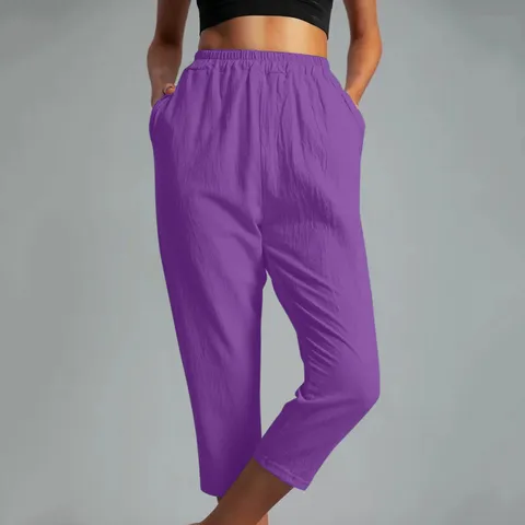 Pantacourt Décontracté en Coton pour Femmes Taille Moyenne Taille Élastique Poches Jambes Droites