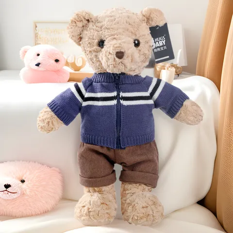 Cute Stuffed Teddy Bear Plush Toy With Knit Cardigan Outfit Soft Hugging Animal Doll Birthday Gift For Kids