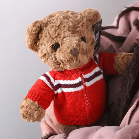 Cute Stuffed Teddy Bear Plush Toy With Knit Cardigan Outfit Soft Hugging Animal Doll Birthday Gift For Kids