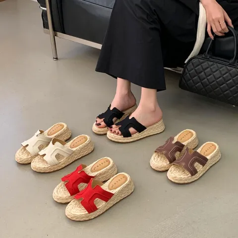 Women's Summer Straw Woven Platform Slide Sandals H-Strap Open Toe Casual Beach Vacation High Heel Slippers