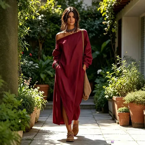 Femmes Casual Mélange Coton-Lin Une Épaule Manches Longues Midi Robe Ample Couleur Unie Fente Ourlet Robe