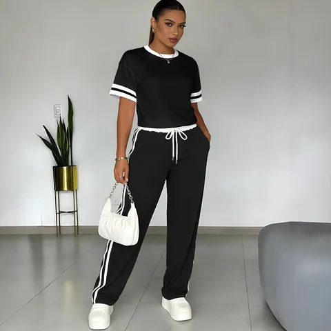 Survêtement Décontracté pour Femme T-Shirt Manches Courtes Col Rond Contraste et Pantalon Long