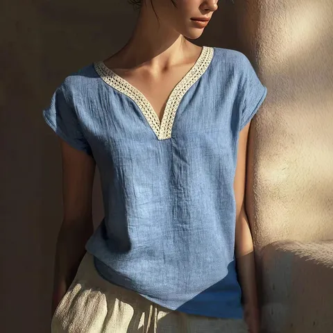 Chemisier Décontracté en Coton Lin pour Femmes Vintage Dentelle Col V Manches Courtes Couleur Unie Été Coupe Régulière Élégant Haut