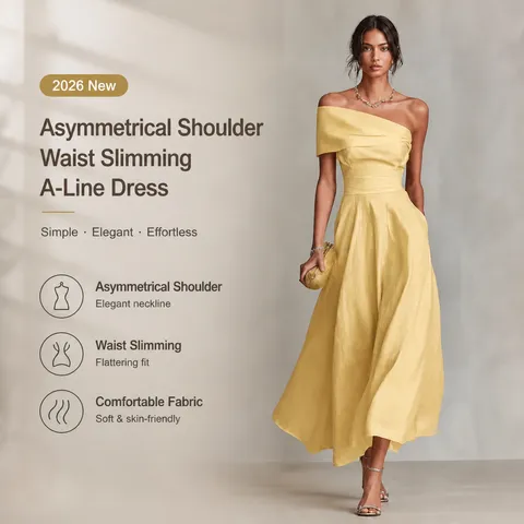 Robe Midi Décontractée en Mélange Coton-Lin pour Femmes Élégante Épaule Oblique Manches Courtes Coupe Slim Couleur Unie Robe de Fête d'Été