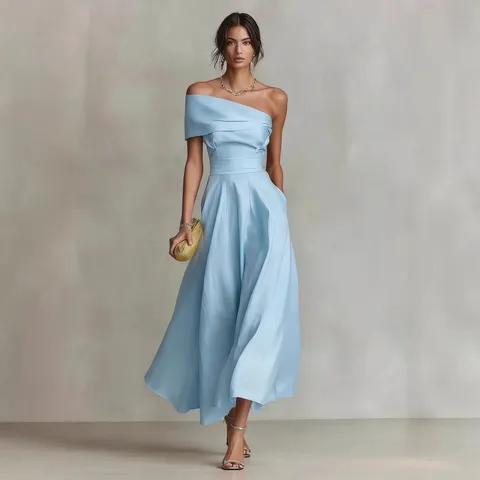 Robe Midi Décontractée en Mélange Coton-Lin pour Femmes Élégante Épaule Oblique Manches Courtes Coupe Slim Couleur Unie Robe de Fête d'Été
