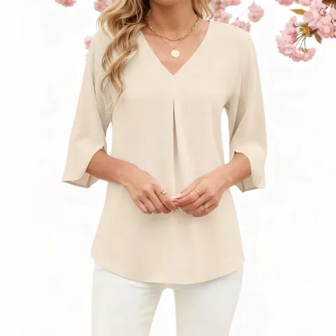 Blouse en Chiffon à Col V et Manches Trois-Quarts pour Femmes Décontracté Uni Ample Haut