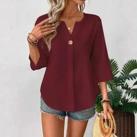 Chemisier Décontracté Ample Couleur Unie Col V Manches Trois-Quarts Boutons Été Mode Polyester Élégant Chemise