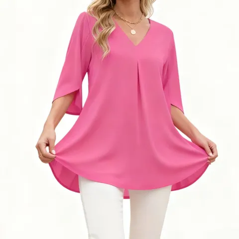 Blouse en Chiffon à Col V et Manches Trois-Quarts pour Femmes Décontracté Uni Ample Haut