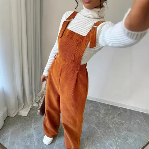 Women Casual Corduroy Overalls Loose Straight Leg Long Pants Solid Color Sleeveless Jumpsuit
