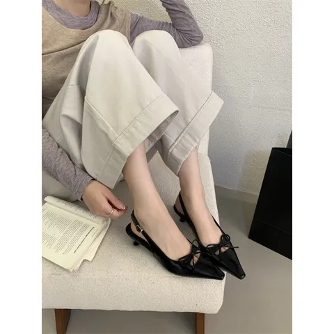 Zapatos de Tacón Slingback con Punta Puntiaguda Estilo Francés para Mujer Tacón de Aguja Lazo Elegante