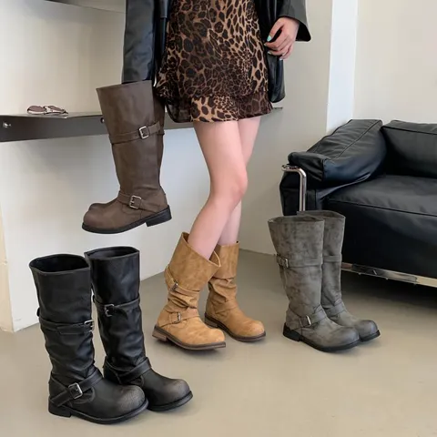 Bottes Longues Compensées Vintage Vieillies Pour Femmes Talons Épais Bottes de Moto Mode Casual Bottes Hautes