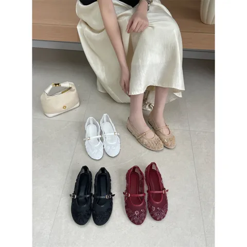Women Casual Mesh Beaded Low Heel Mary Jane Flat Shoes Shallow Mouth Breathable Daily Single Footwear