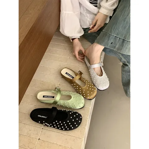 Women Satin Pearl Flat Mules Closed Toe Slip On Slippers Gentle French Style Casual Low Heel Shoes